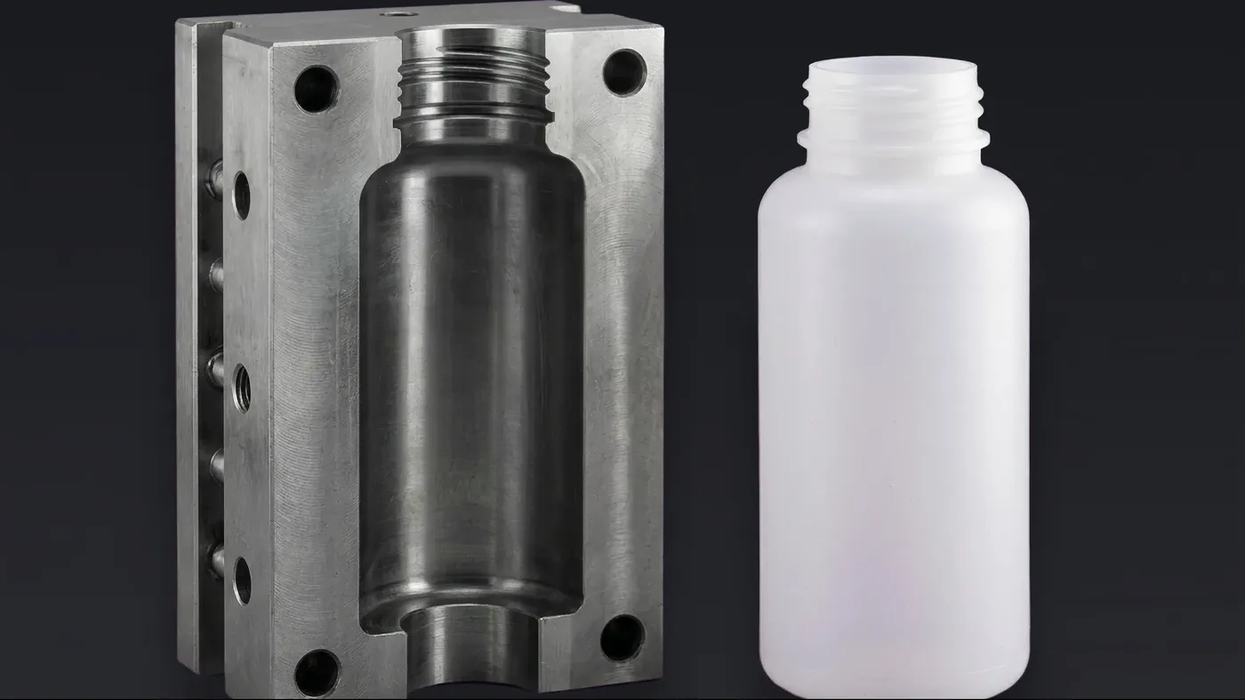 A machined steel mold block whose hollow cavity matches the shape of the bottle standing beside it