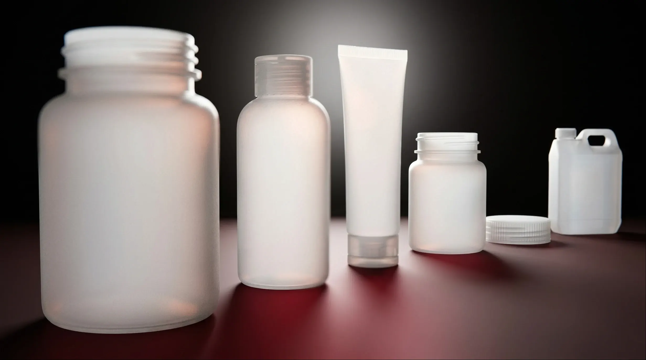 Contenants en plastique blanc translucide de formes variées, disposés en diagonale et éclairés à contre-jour